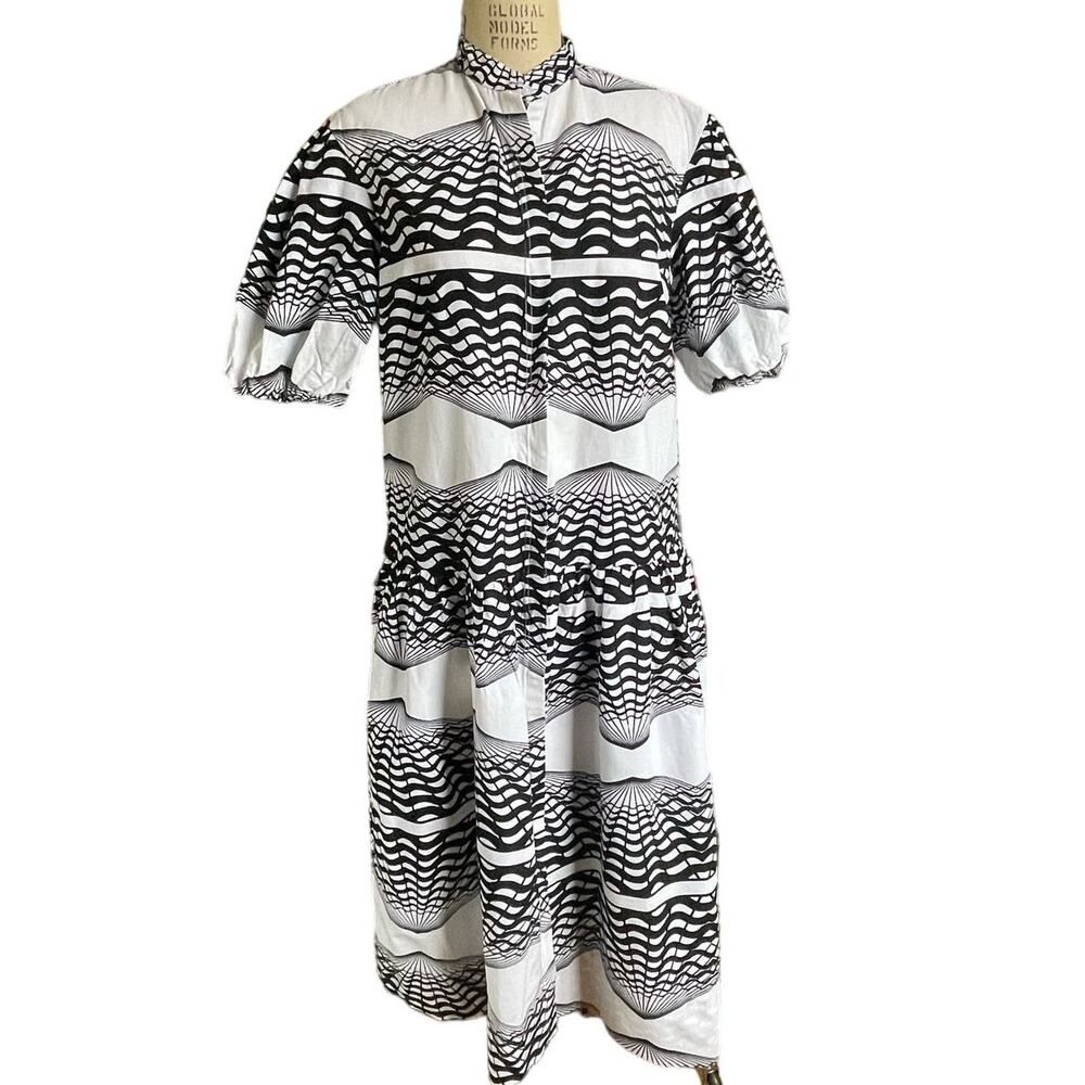 YEVU Drop Waist Midi Cotton Dress  in Black and White Print Size Large